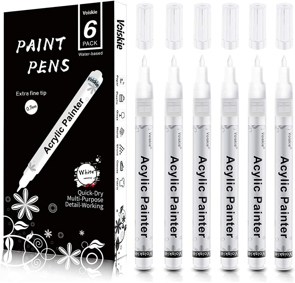 Acrylic Paint Pens - 6 Black Acrylic Paint Markers Extra Fine Tip (0.7mm)   Great for Rock Painting, Canvas, Glass, Porcelain, Fabric, Paper, Pottery  and Plastic 