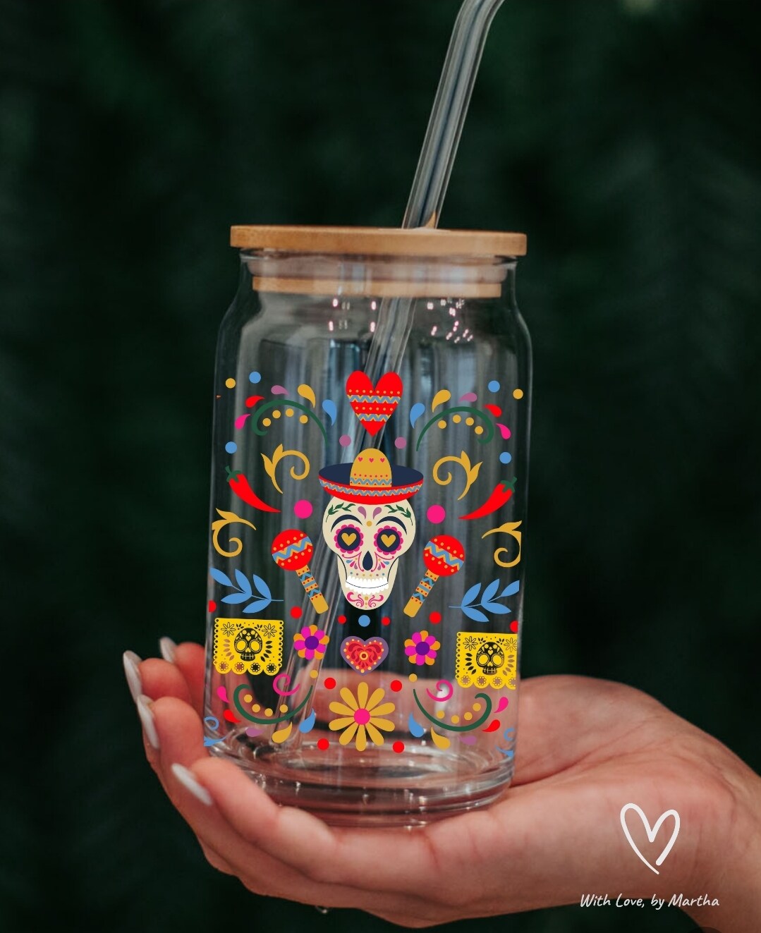 Day of the Dead or Dia de Muertos Glass Cup 16oz with straw and