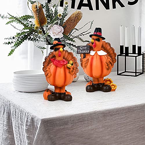 Standing Turkey Couple Thanksgiving Decorations, 2 Pack Resin Turkeys Give Thanks Autumn Fall Tabletop Decor Figurine Decorative Centerpieces Harvest Home Ornament