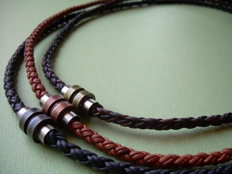 Mens Leather Necklace Braided Leather Cord Necklace Antique Silver  Stainless Steel Beaded Necklace Knot Boho Necklace Gift for Men - Etsy