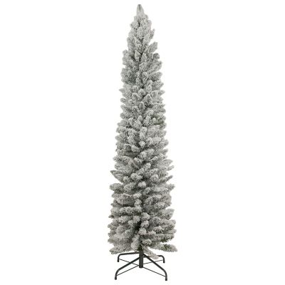 Slim Pencil Snow Flocked Christmas Tree - Artificial Linden Spruce with Premium PVC Needles - Sturdy Metal Stand Included - Ideal for Compact Spaces - Effortless Assembly and Elegant Holiday D&#xE9;cor