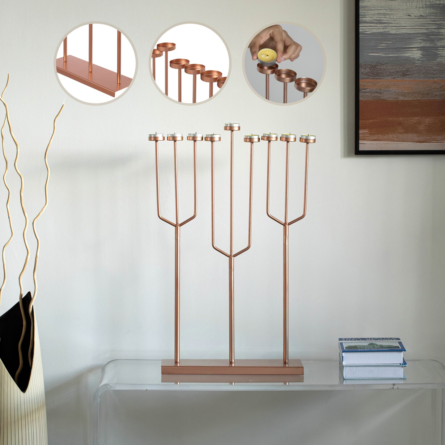 Modern Design Hanukkah Menorah Exceptional presentational piece, 9 Branch Tea Light Candle Holders