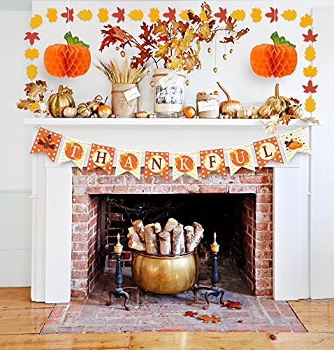 Thanksgiving Decorations 40 PCS, Pre-Assembled Thanksgiving Banner, Hanging Swirls, Fall Leaves Garland and Honeycomb Pumpkins for Thanksgiving Decor, Fall decor, Thanksgiving Decorations for Home