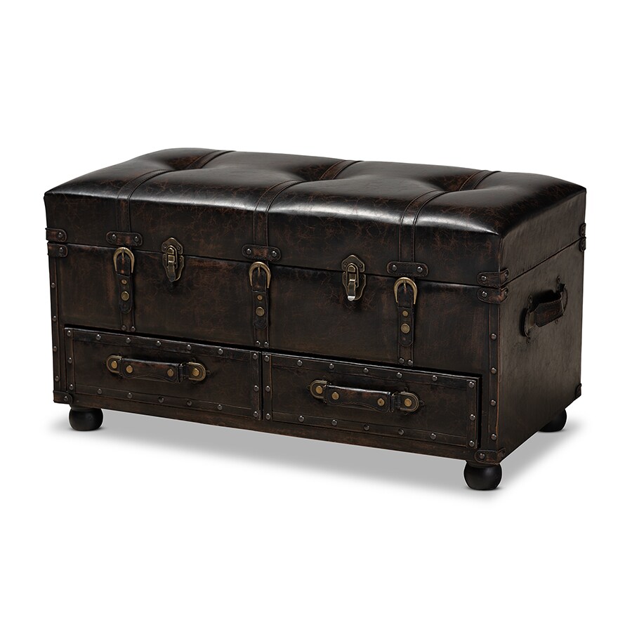 Baxton Studio Callum Modern Transitional Distressed Dark Brown Faux Leather  Upholstered 2-Drawer Storage Trunk Ottoman 