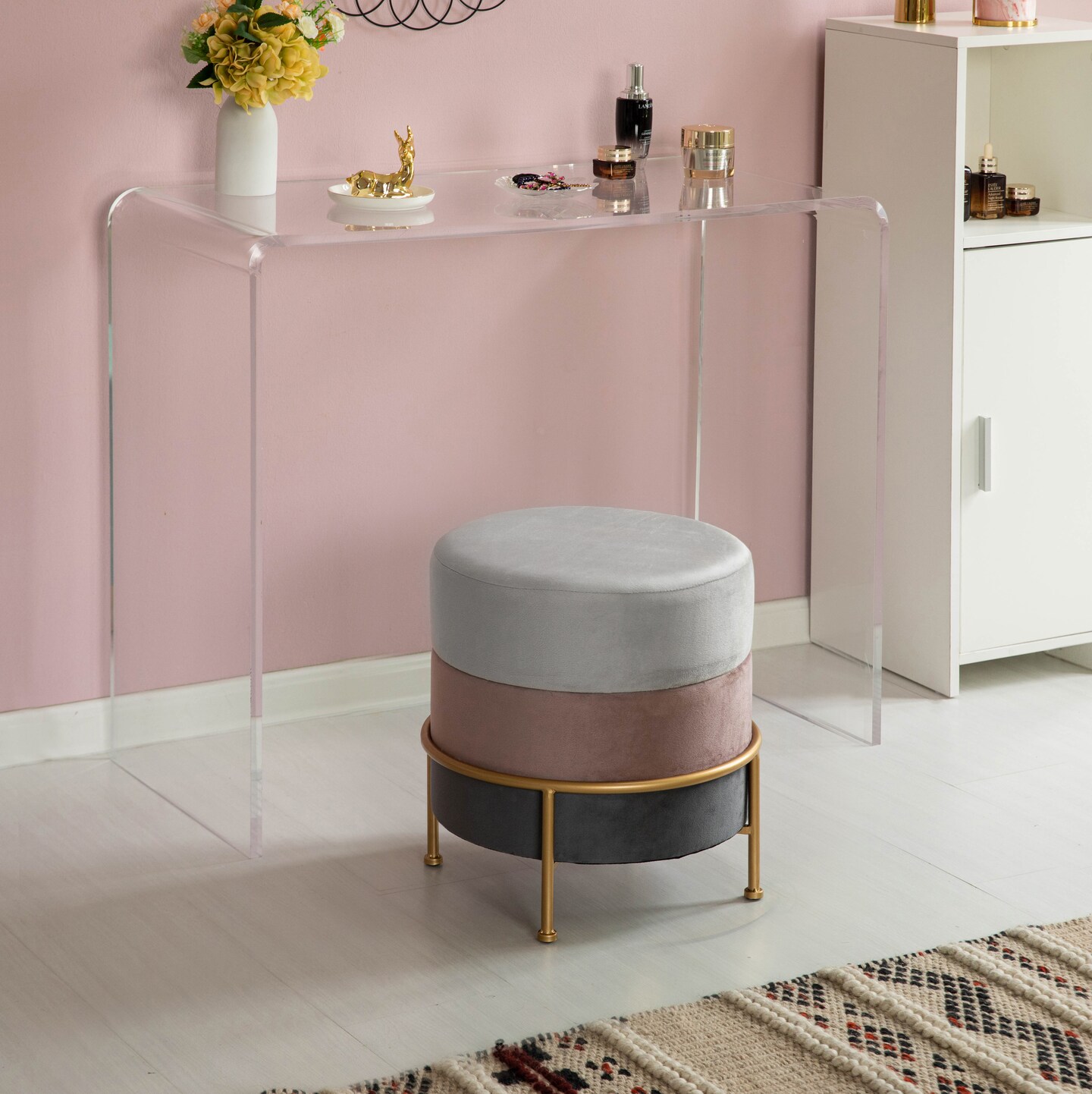 Round Velvet Ottoman Stool 16&#x201D; Tall Tricolor with Gold Metal Stand