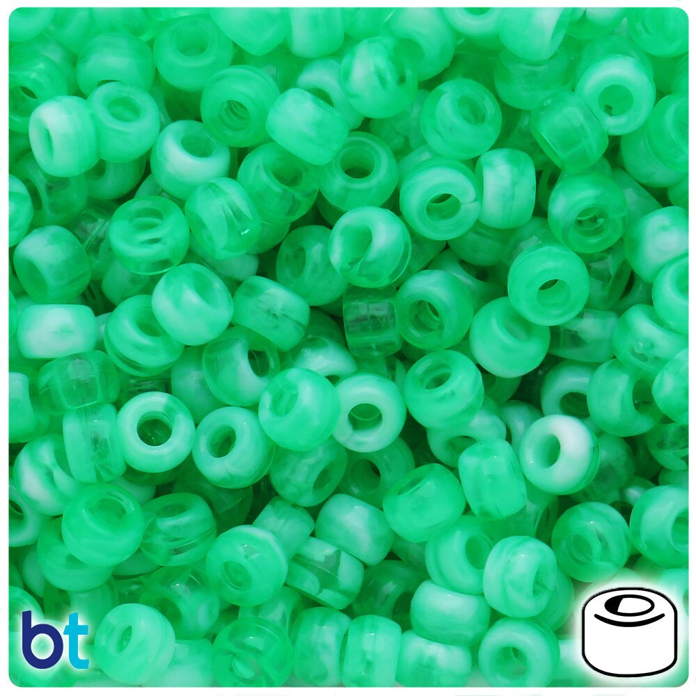BeadTin Green Marbled 9x6mm Barrel Plastic Pony Beads (300pcs)