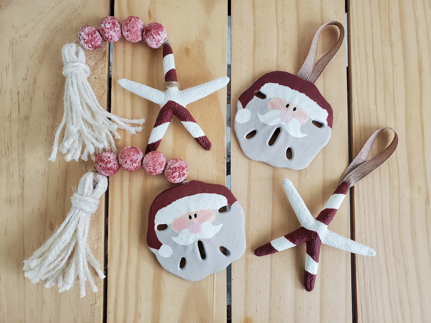 Peppermint Candy Cane Starfish and Santa Sand Dollar Christmas Ornament and Mini Garland