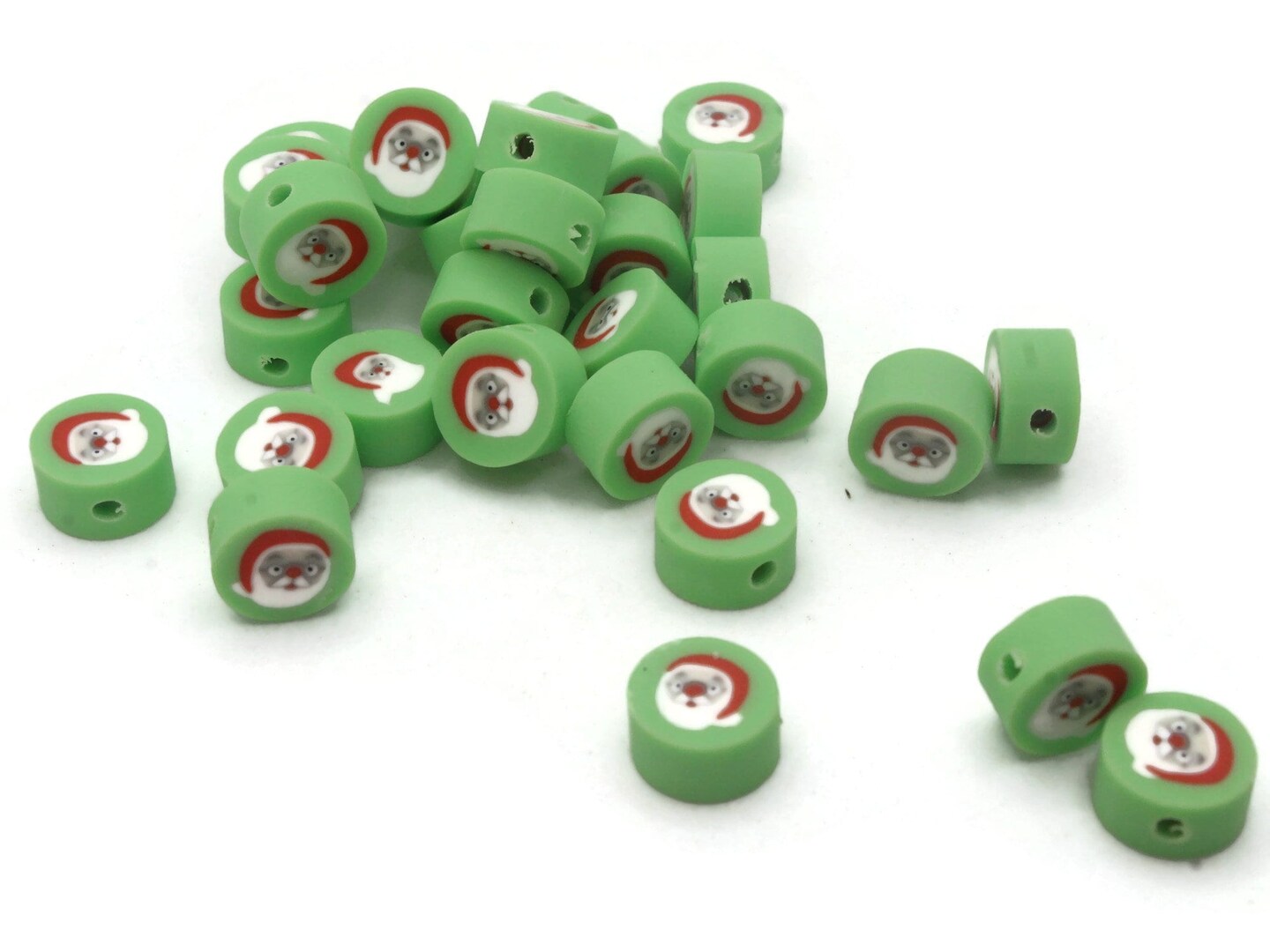 30 Santa Claus Polymer Clay Green Red and White Christmas Beads