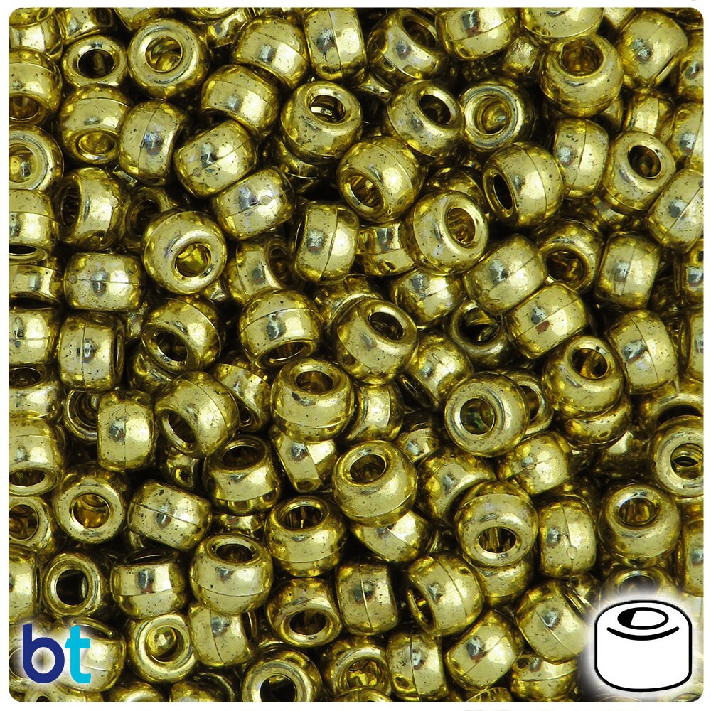 BeadTin Gold Metallic 9x6mm Barrel Plastic Pony Beads (200pcs)