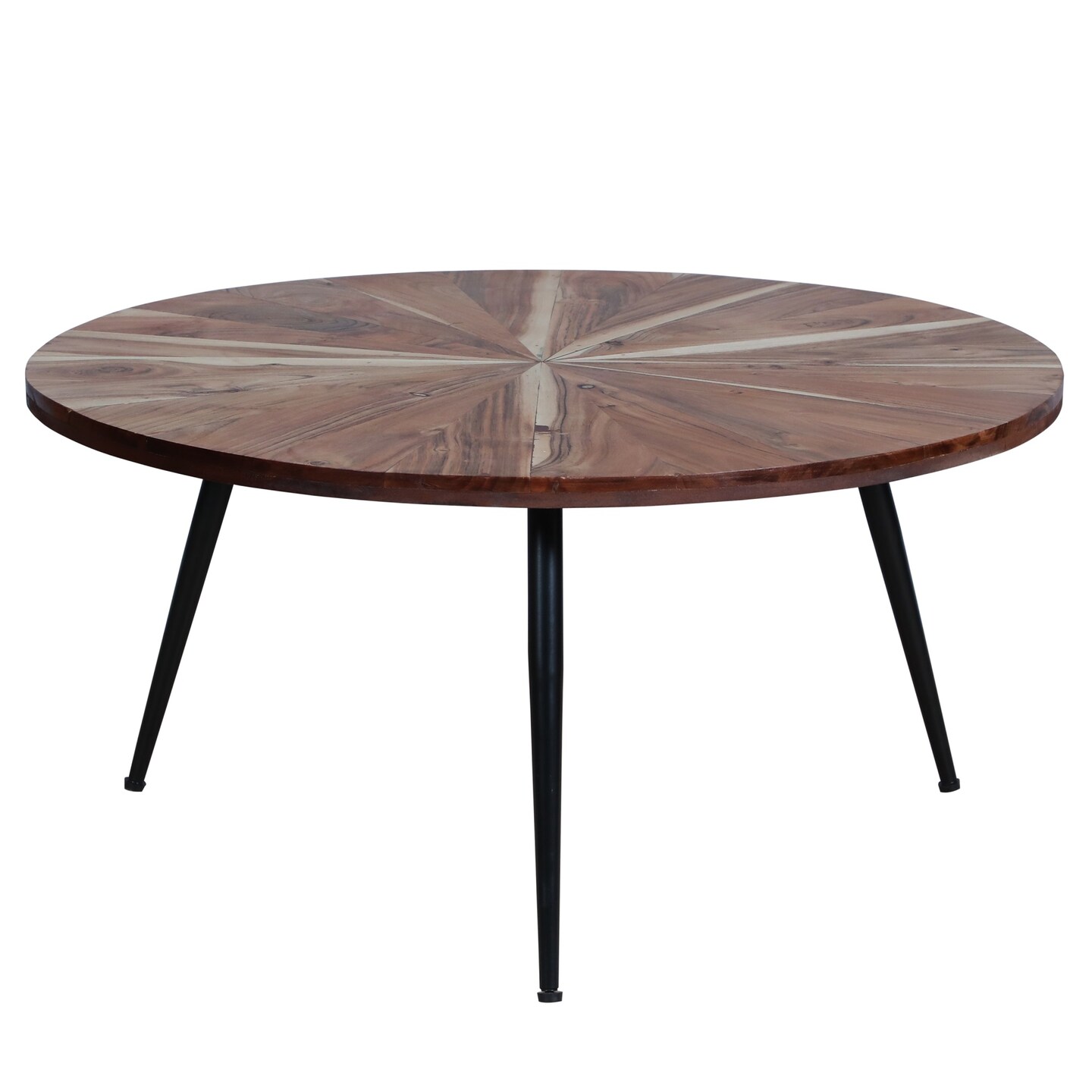 31 Inch Round Mango Wood Coffee Table Sunburst Design Tapered