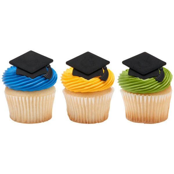 Black Grad Hat Cupcake Rings, 12ct