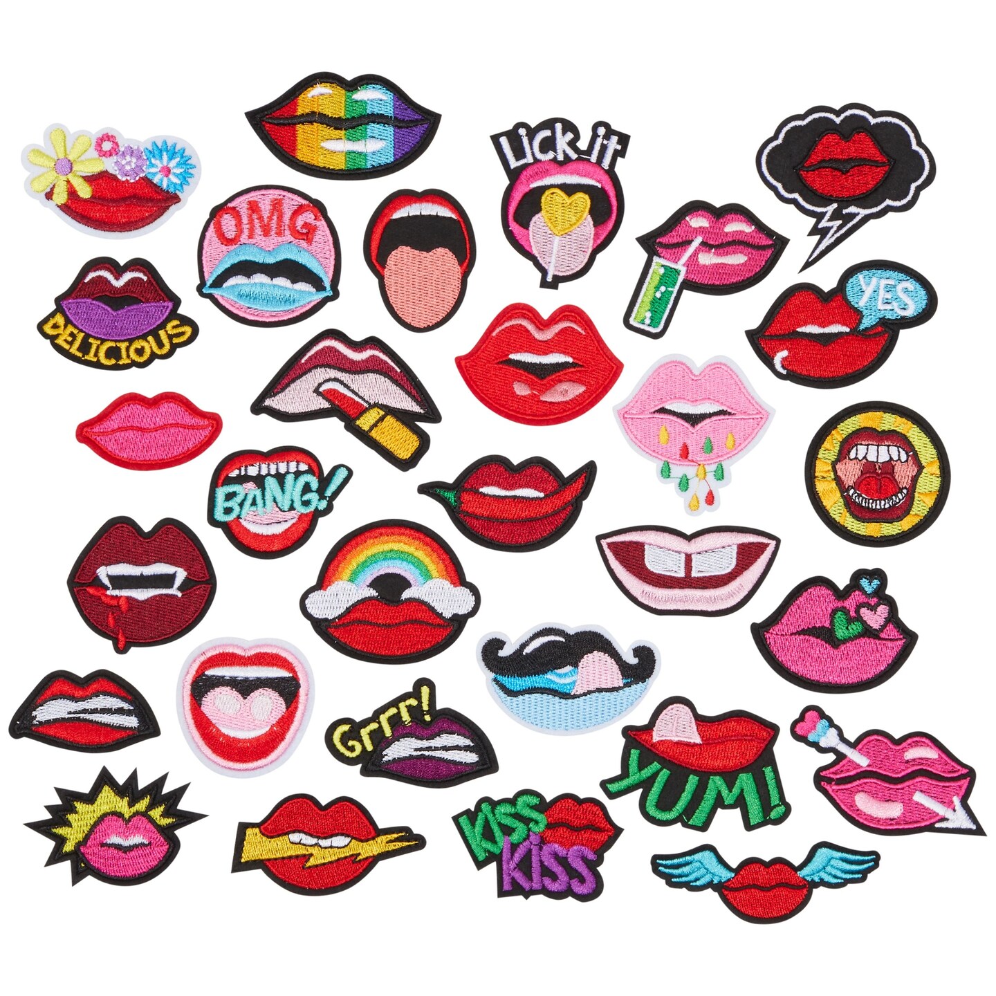 Lip Iron On Patches (30 Piece Set) Mouth Embroidered Applique, DIY Sew On Clothing, Backpacks, Hats, Jackets