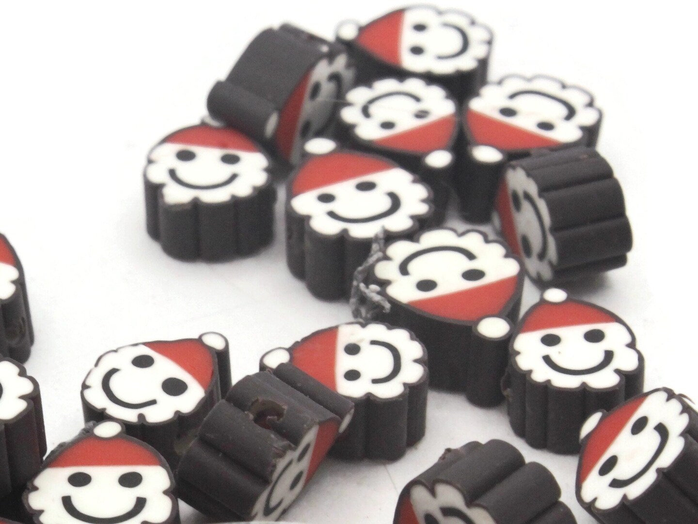 30 Clay Santa Claus with Black Outline Polymer Clay Red and White Christmas Beads