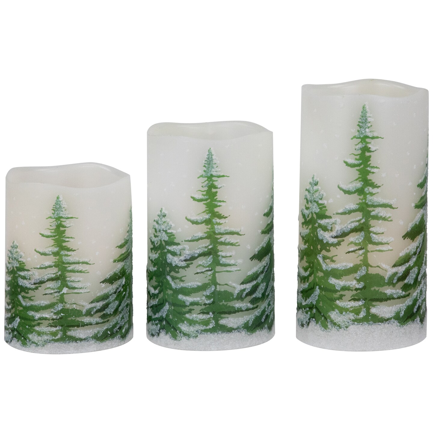 Northlight Set of 3 Flameless Frosted Pines Flickering LED Christmas Wax Pillar Candles 6&#x22;