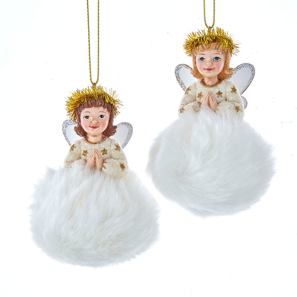 3.5-Inch German Fluffy Angel Ornaments &#x2013; Set of 2 Assorted Christmas Decorations