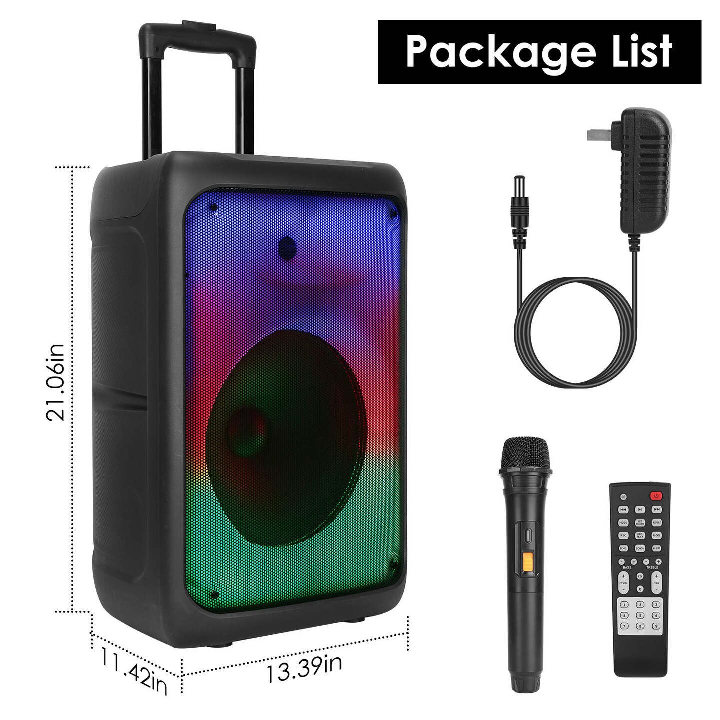 Portable Wireless Party Speaker with 5 Colorful Lighting Modes - Trolley Handle 2 Wheels Remote Control