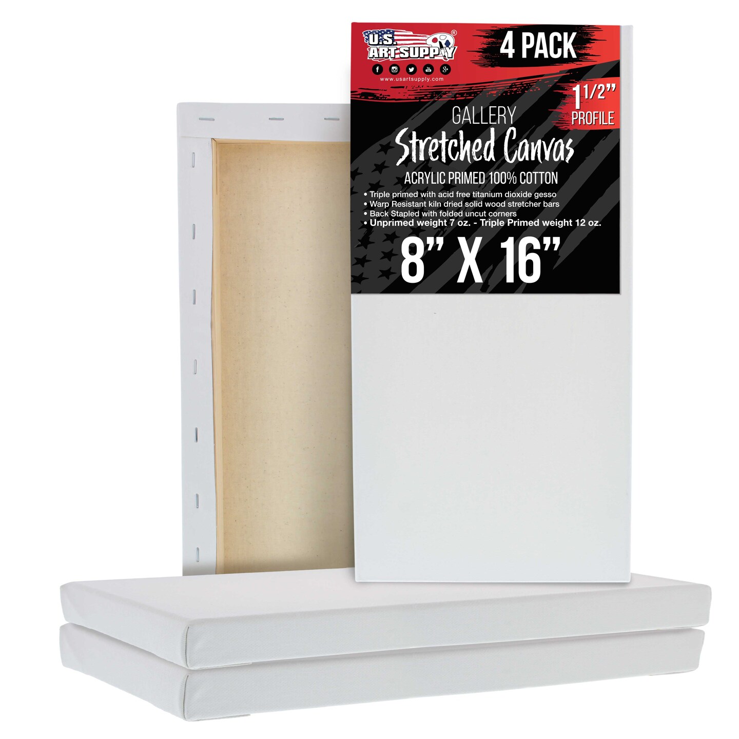 8 x 16 inch Gallery Depth 1-1/2&#x22; Profile Stretched Canvas, 4-Pack - 12-Ounce Acrylic Gesso Triple Primed, - Professional Artist Quality, 100% Cotton