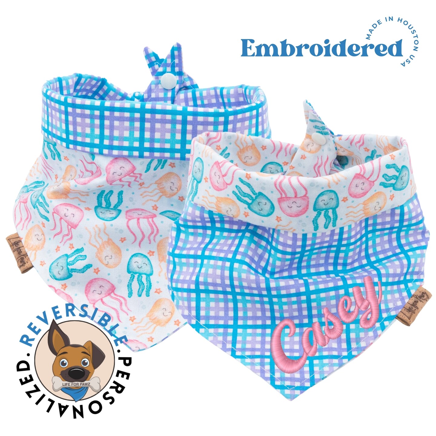 Personalized Summer Dog Bandana - Jellyfish Blue Plaid Reversible Dog Bandana - Custom Pet Bandana with Name Embroidery - Dog Mom Gift