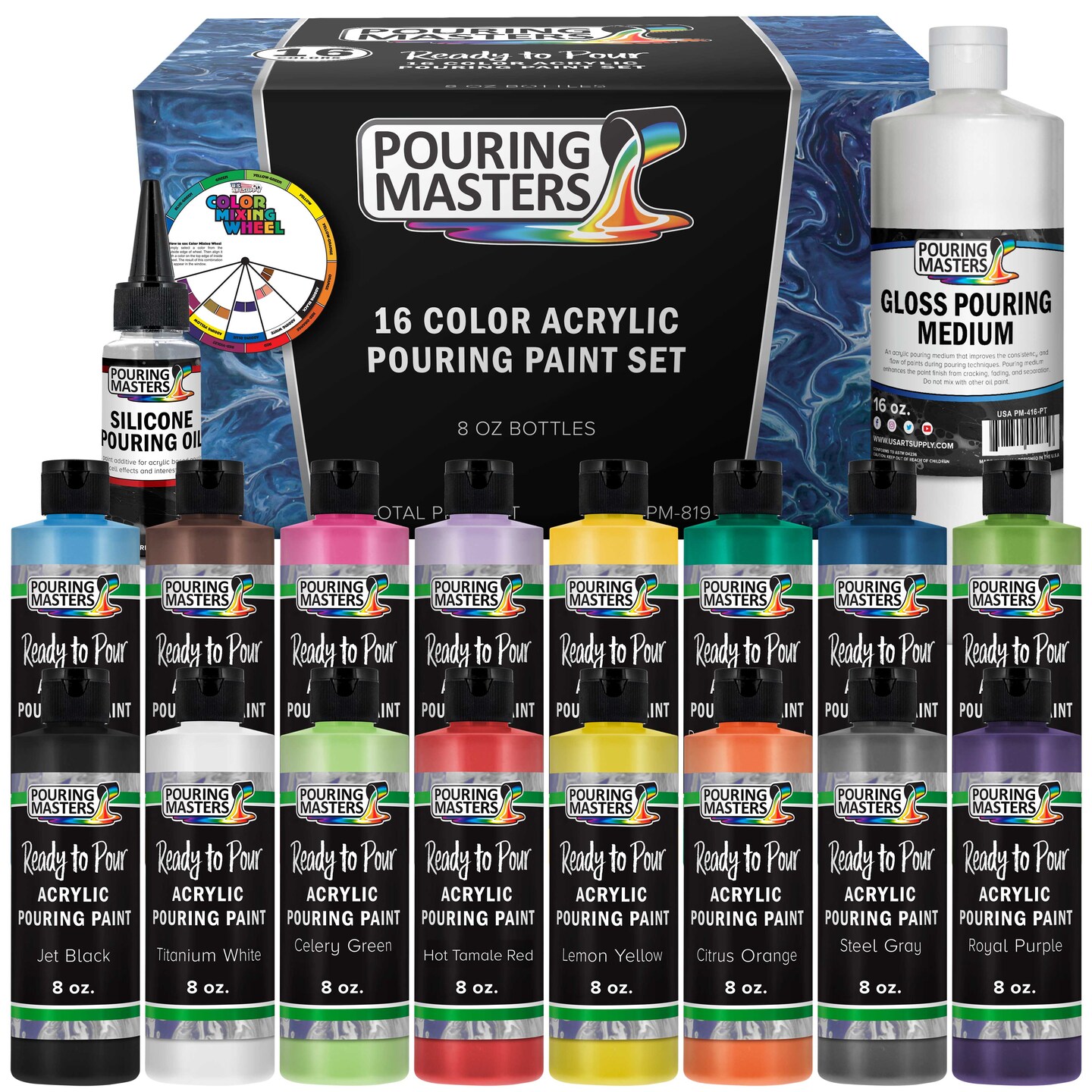 16-Color Ready to Pour Acrylic Pouring Paint Set with Silicone Oil &#x26; Gloss Medium - Premium Pre-Mixed High Flow 8-Ounce Bottles