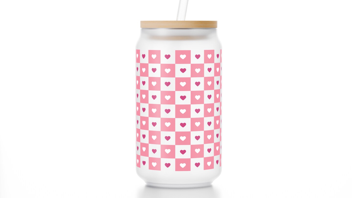 16 oz Frosted Libbey Glass Cup, Checkered Heart Design, Beer Can Glass, Iced Coffee, Coffee Cup