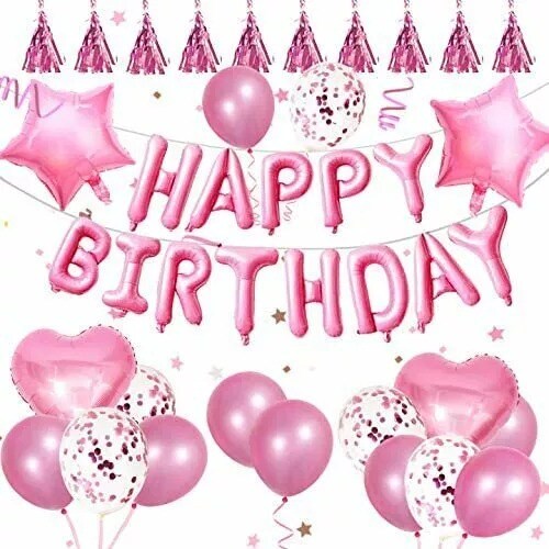 48 Pcs Pink Foil Happy Birthday Balloons Banner