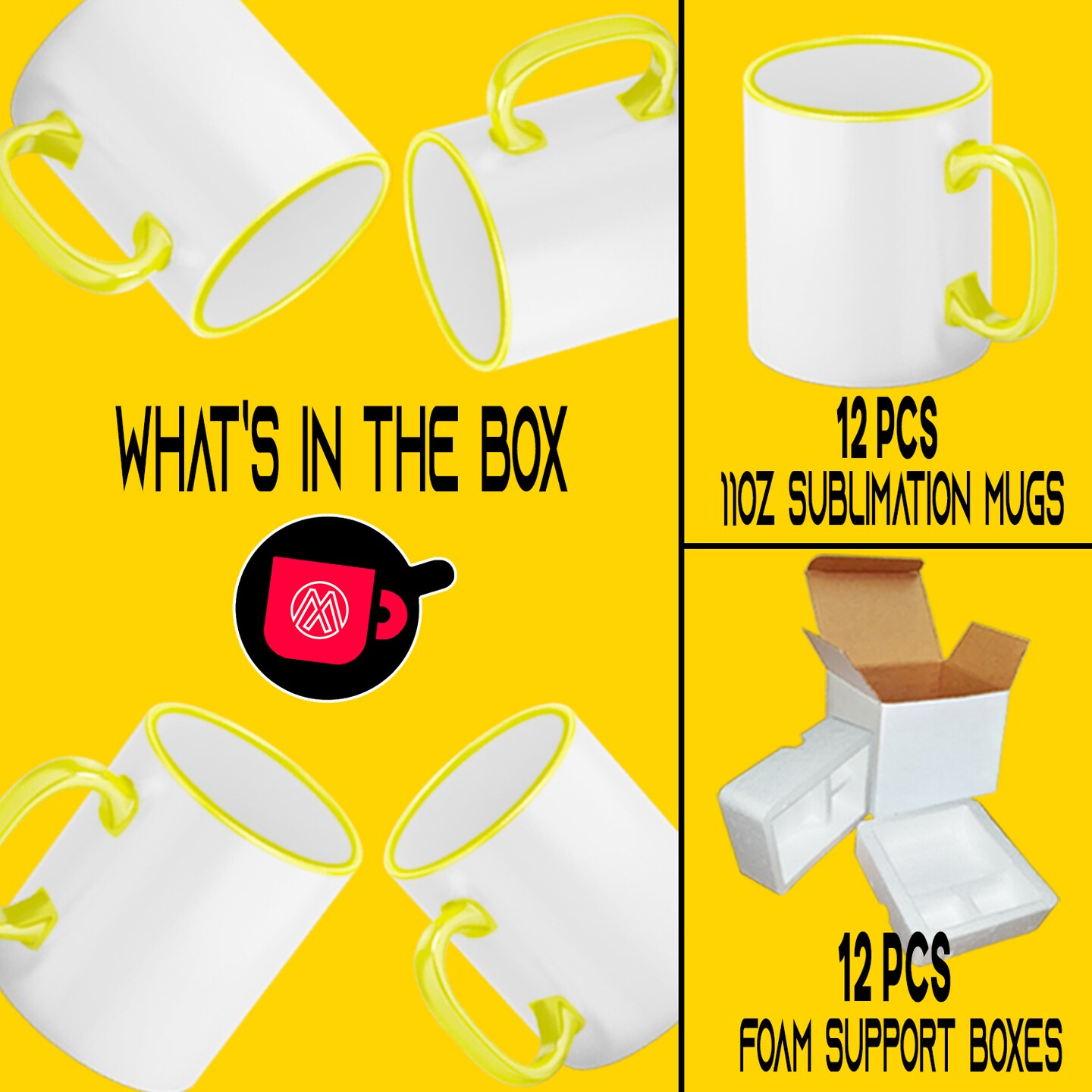 12 Pcs 11OZ Yellow Rim & Handle Sublimation Mugs With Foam Support Boxes