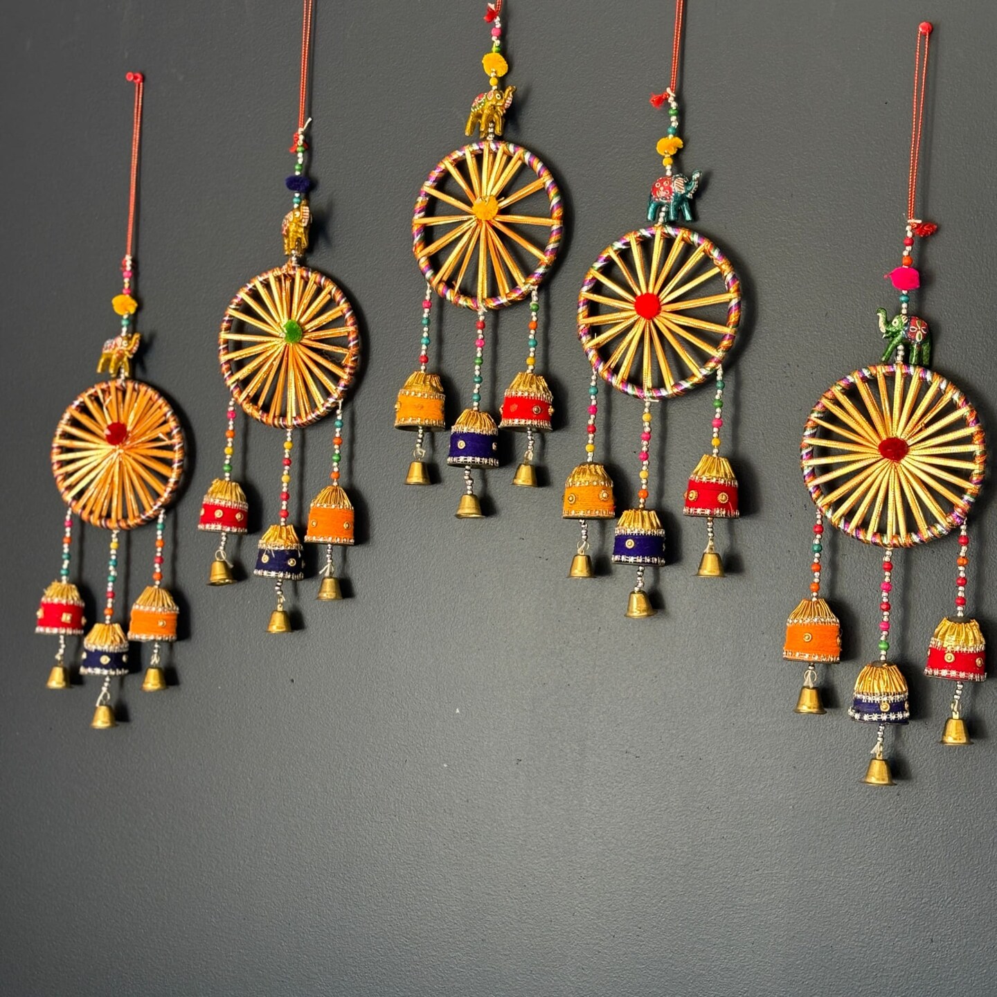 Rajasthani Ring Elephant Wall Door Hangings with Bells Traditional Handicraft Hanging Decorative Latkan for Home Office Decor Diwali Decoration Wall Art Housewarming Gifts