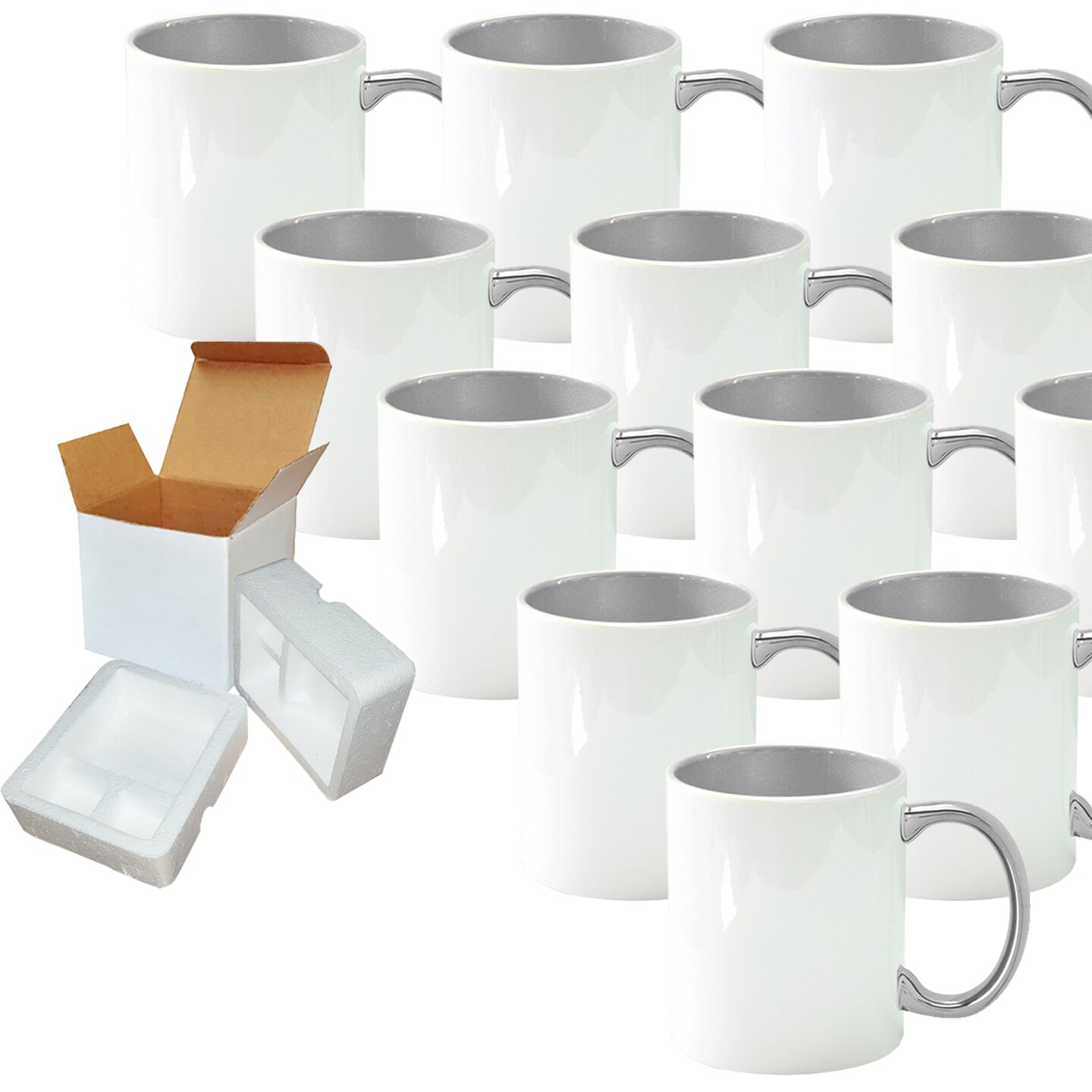 12 Pack of 11OZ SILVER inner &#x26; Handle Sublimation Mug Coated Ceramic Mugs - Professional Grade - Sublimation Series - Cardboard Box with Foam Supports
