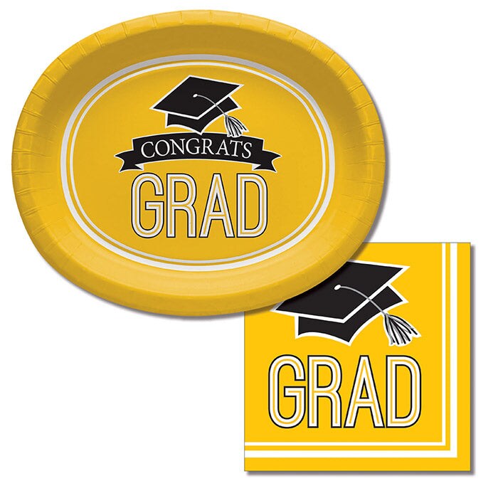 Yellow Graduation Paper Oval Platters, 10&#x22; X 12&#x22; (8/Pkg)