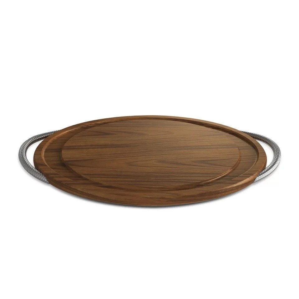 Nambe Braid Collection 24&#x201D; L Acacia Wood Carving Board with Chrome Plate Handles