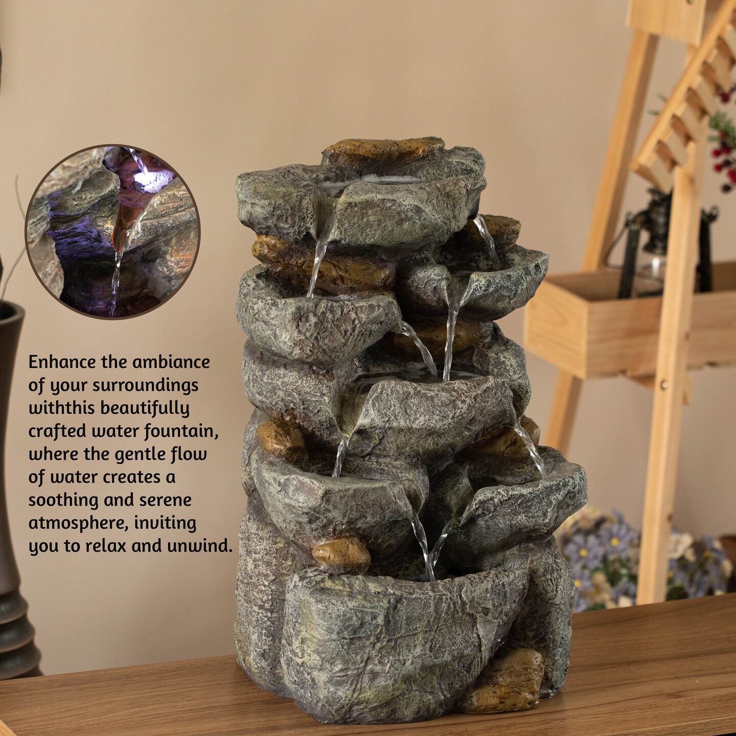 Cascading Electric Powered 8-Tier Rock Water Fountain 18.5&#x22; with LED Lights for Indoor and Outdoor Use