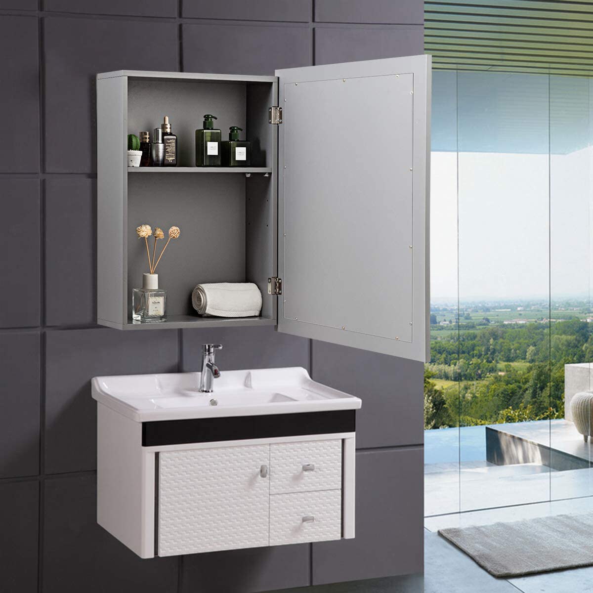 MDF and Glass Wall Mounted Bathroom Cabinet with Mirror and Adjustable Shelves