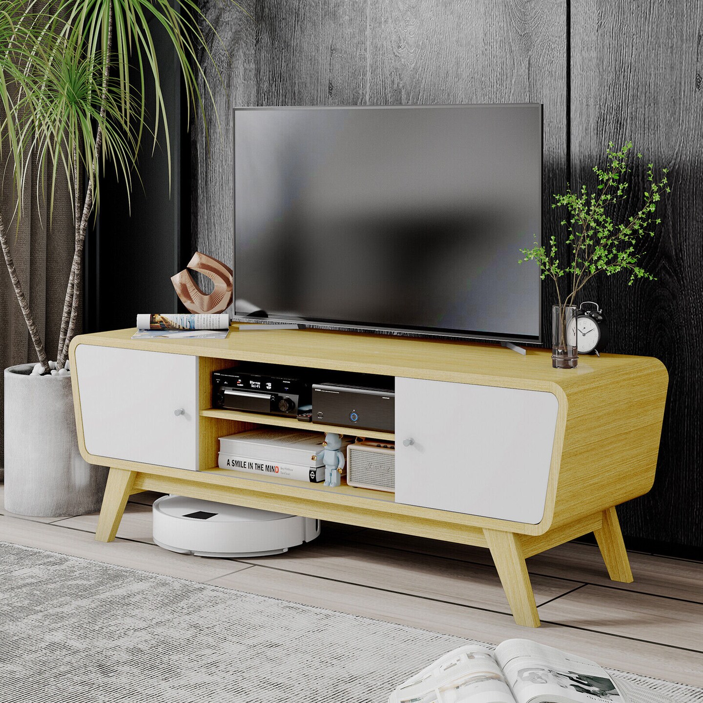 Sliding Door TV Stand with Adjustable Shelf for TVs up to 55 Inch
