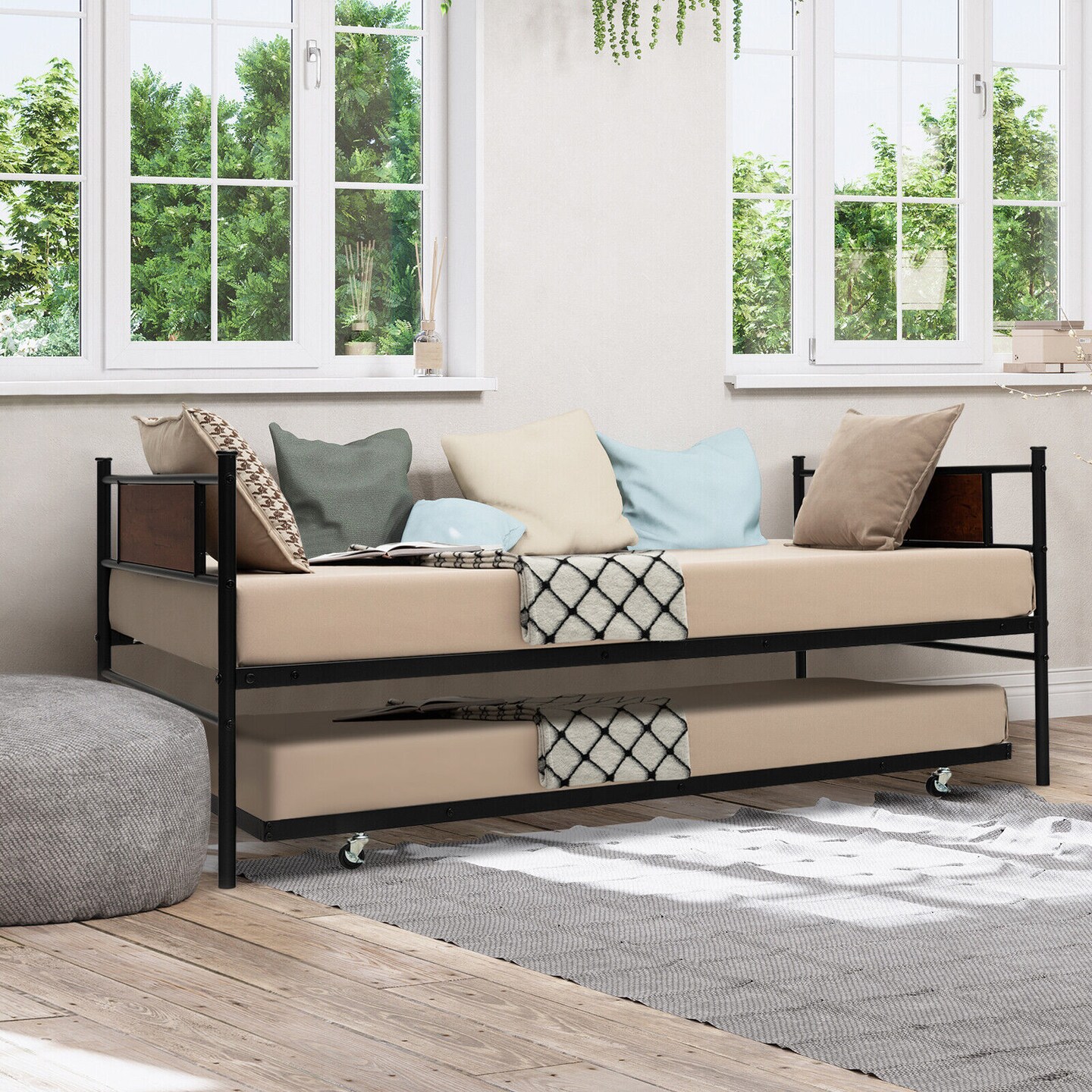 Black Twin Daybed Frame with Pullout Trundle, Space-Saving Design
