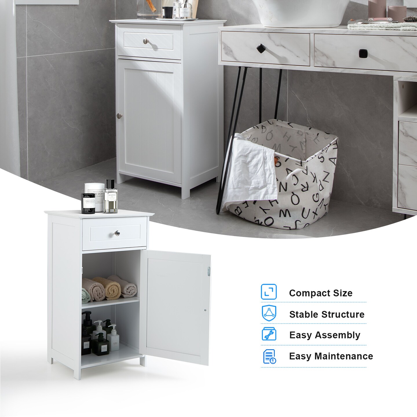 White Freestanding Bathroom Cabinet with Drawer and Adjustable Shelf