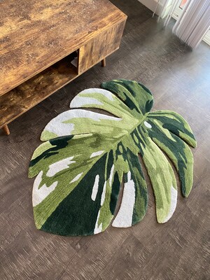 Green Leaf Area Rug for Nursery, Monstera Leaf Rug, Handmade Leaf Area ...