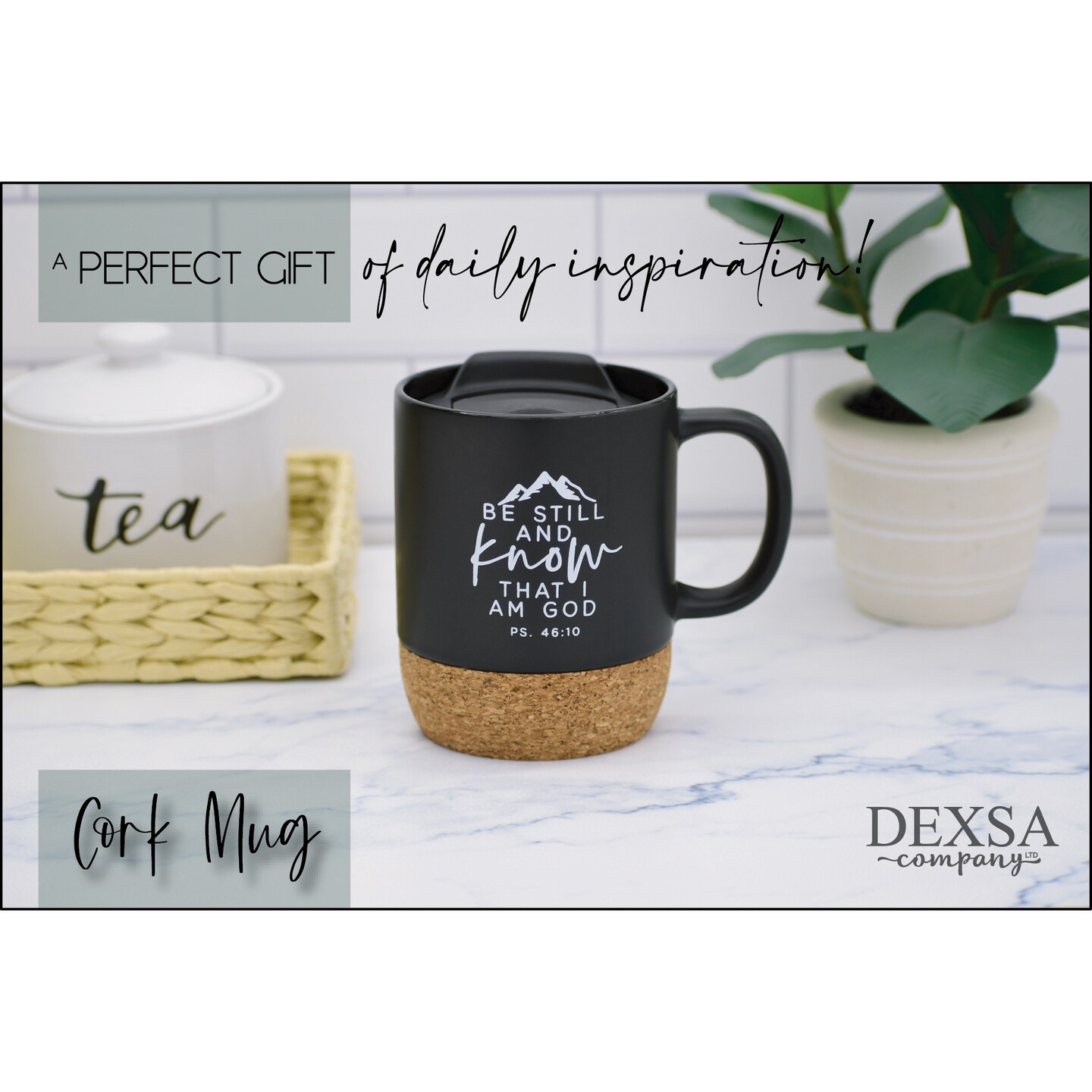 Dexsa Be Still Designer Cork Bottom Mug with Lid - 14 oz