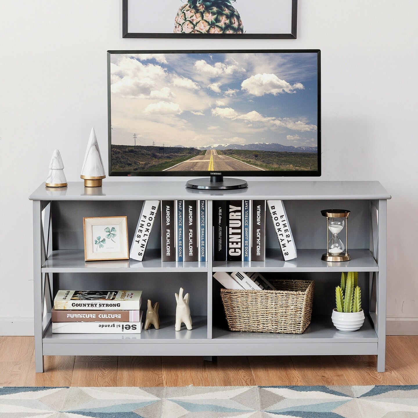 MDF TV Stand with 4 Cable Management Holes and Sturdy X-Shaped Support