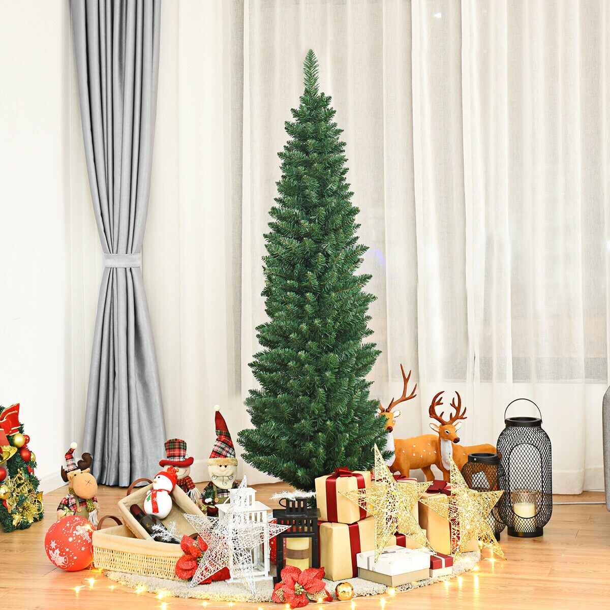 PVC Artificial Slim Pencil Christmas Tree with Metal Stand Ideal for Small Spaces