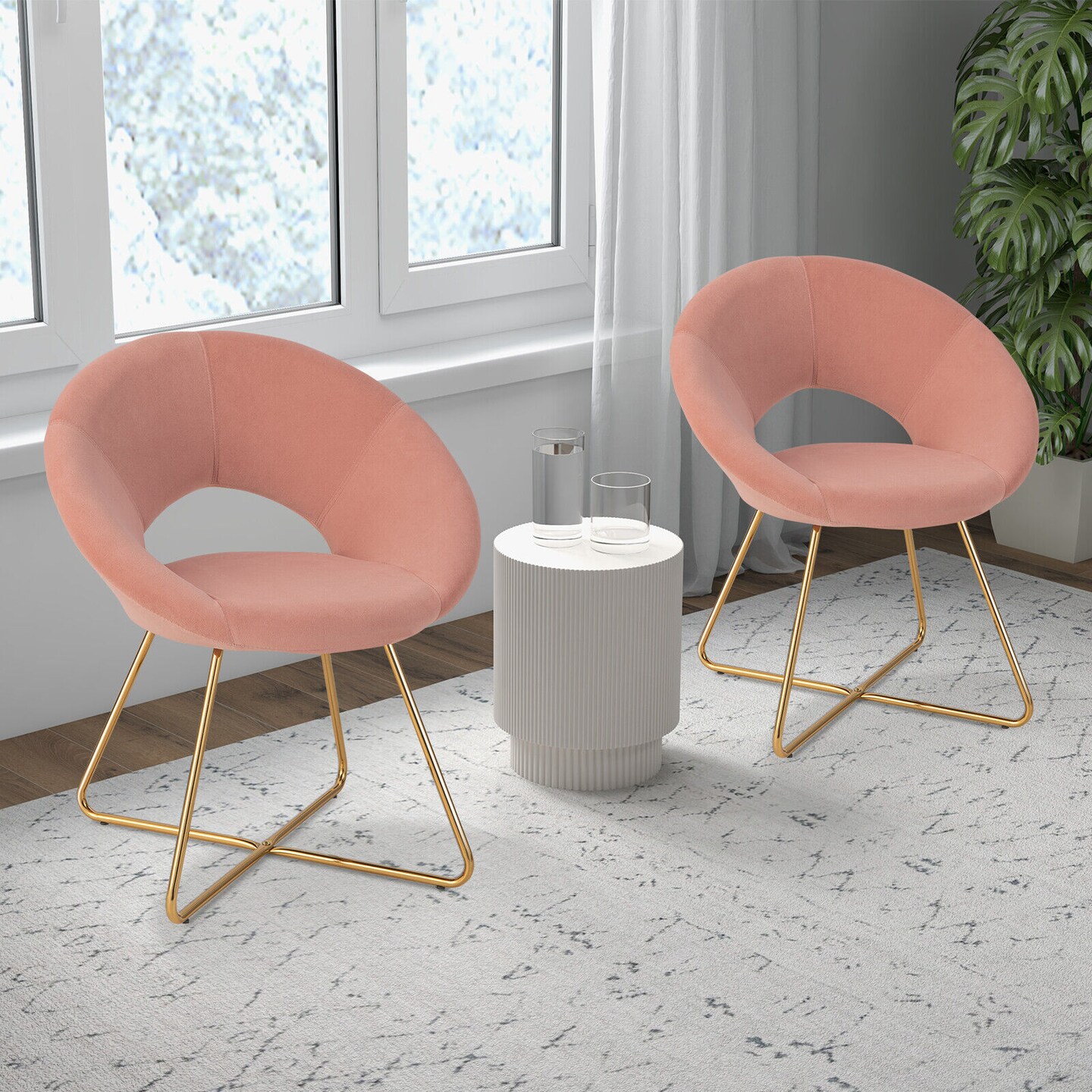 Pink Modern Velvet Accent Chair Vanity Chair with Golden X-Shaped Metal Legs