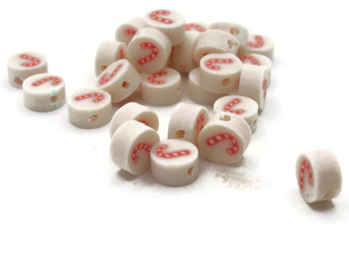 30 Candy Cane Polymer Clay White and Red Christmas Beads bD2