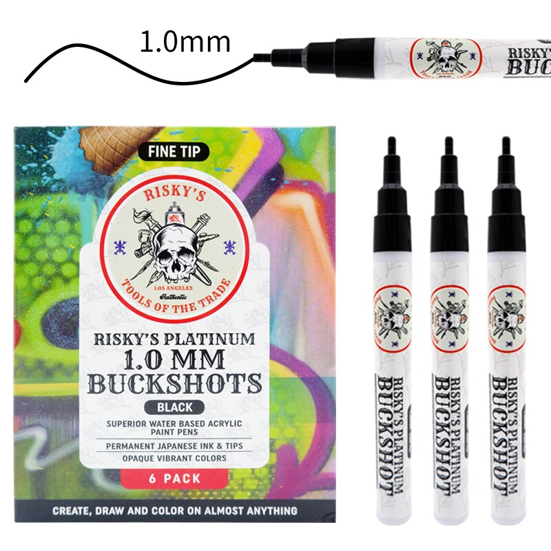 Risky's Tools of the Trade Platinum 1mm Buckshot 6 Pack of Black Paint Pens for Graffiti and Fine Art