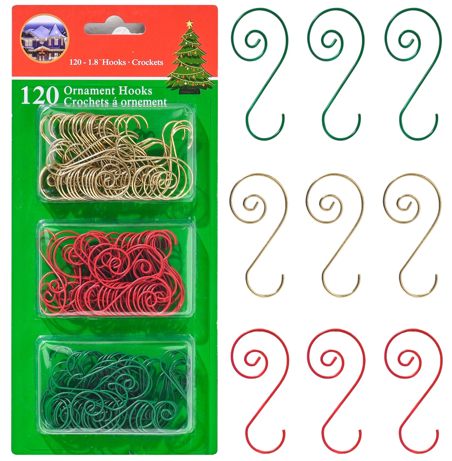 R N&#x27; D Toys Tree Ornament Hooks - Christmas Tree Decorating Metal Wire Hangers for Hanging Decorations &#x2013; Assorted Colors Red, Green and Gold, Pack of 120