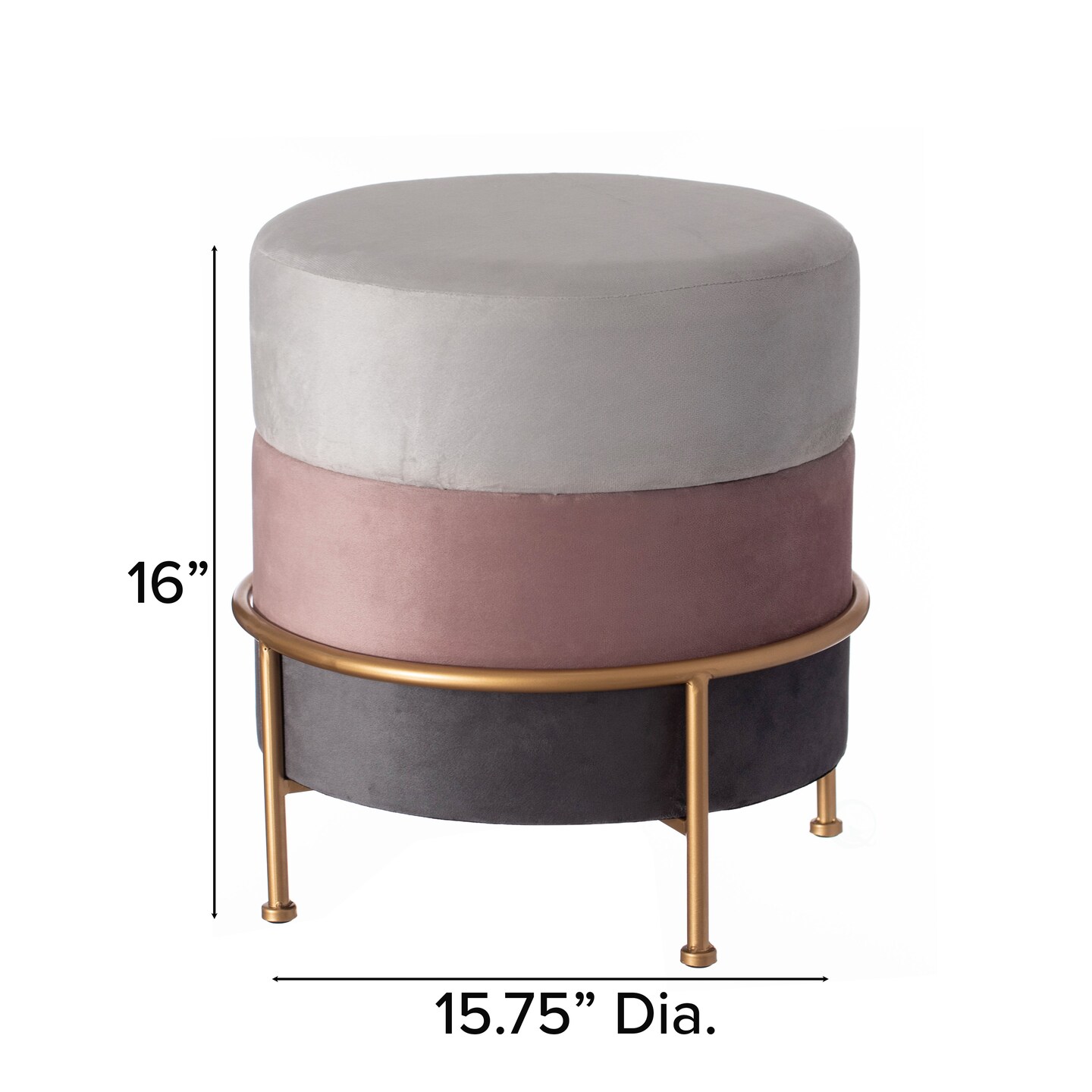 Round Velvet Ottoman Stool 16&#x201D; Tall Tricolor with Gold Metal Stand