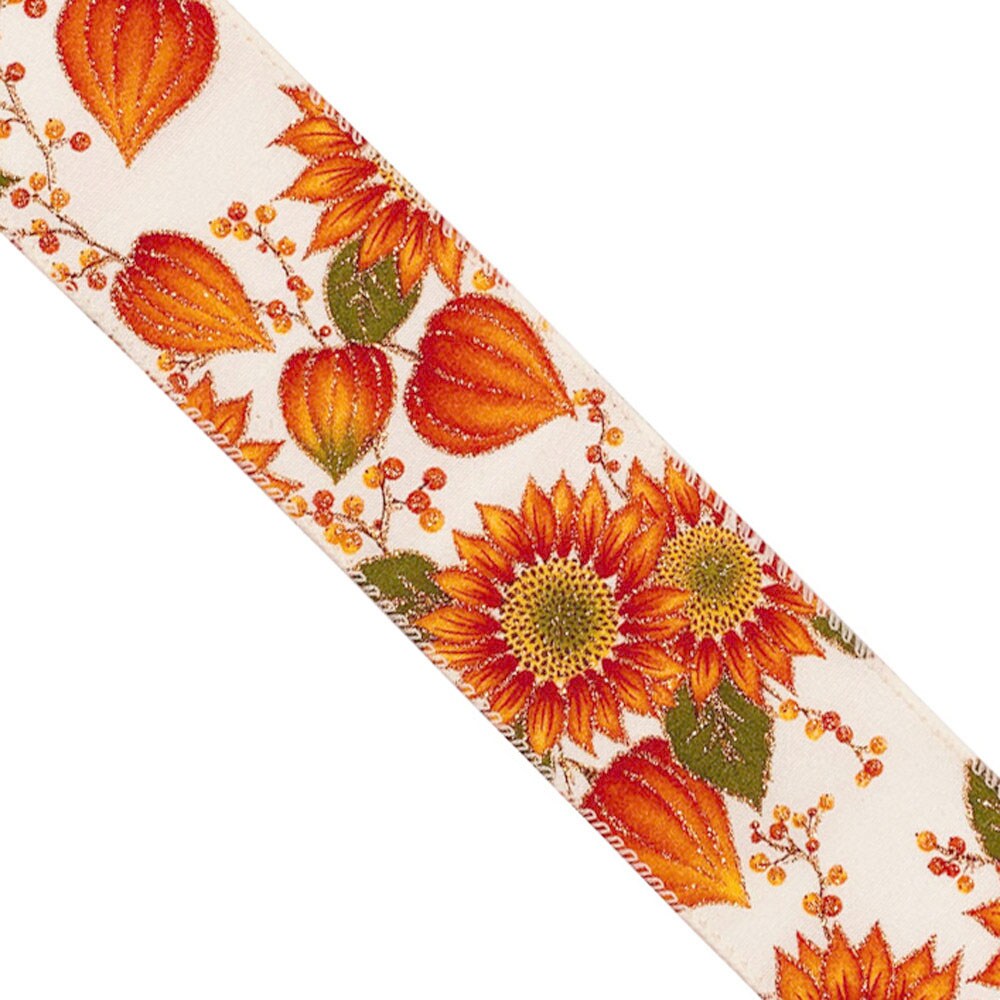 Designer&#x27;s Shop Holiday Autumn Sunflowers wired edge ribbons, WR 63-5132, 2.5&#x22; x 10 yards