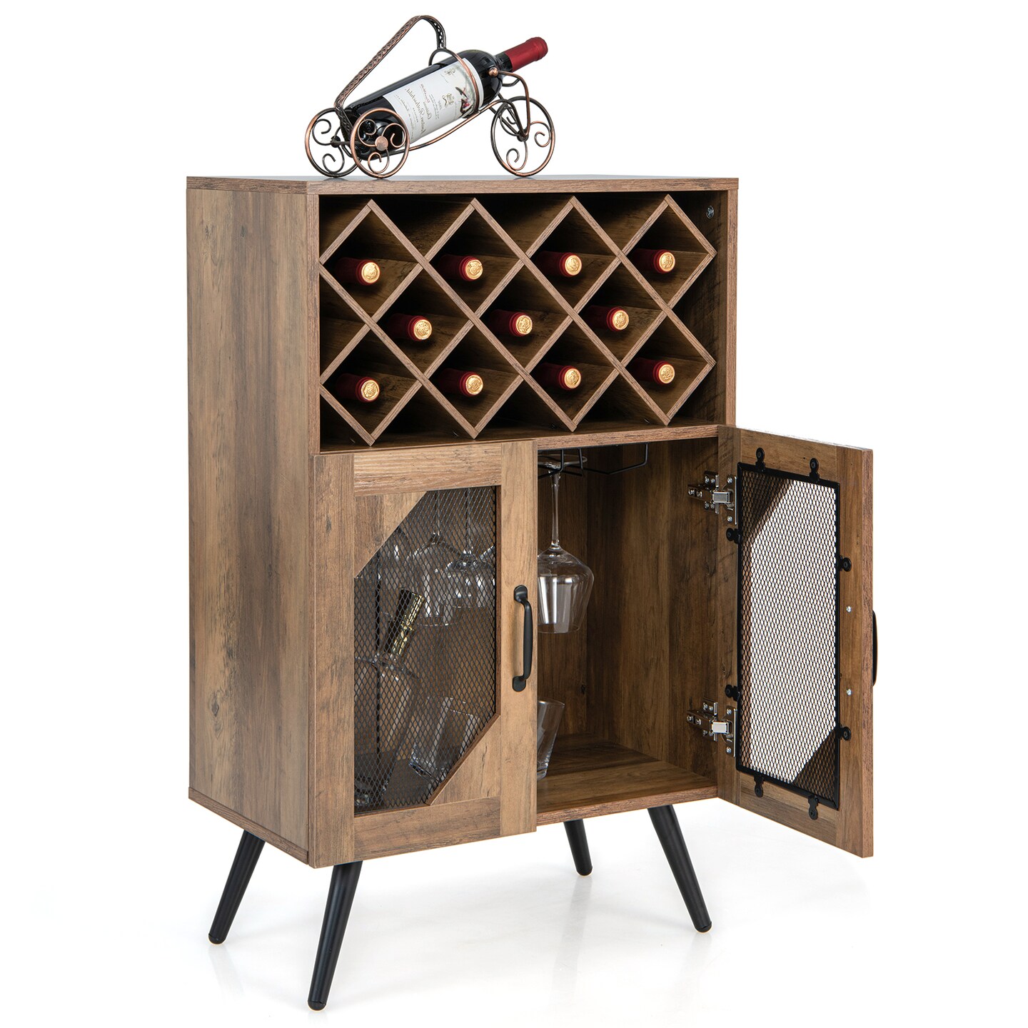 2-Door Farmhouse Kitchen Storage Bar Cabinet with Wine Rack and Glass Holder-Rustic Brown