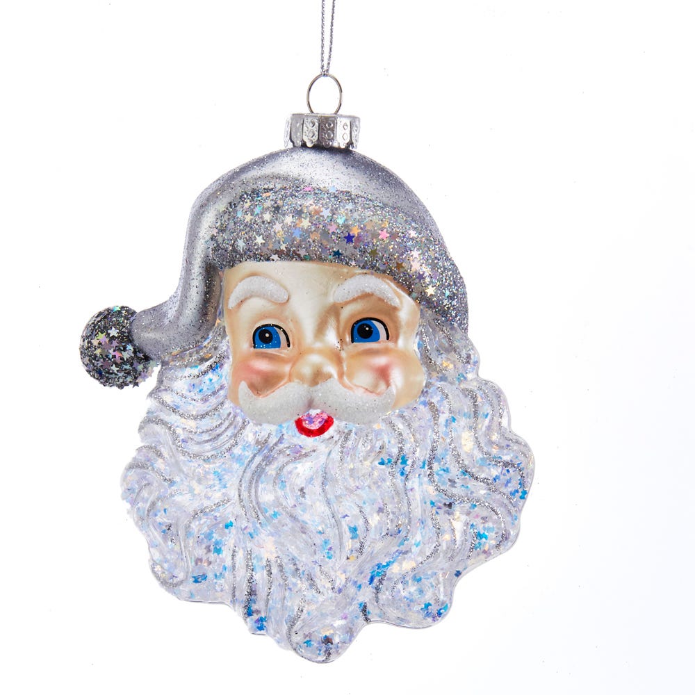 Glass Santa Face With Silver Glitter Ornament