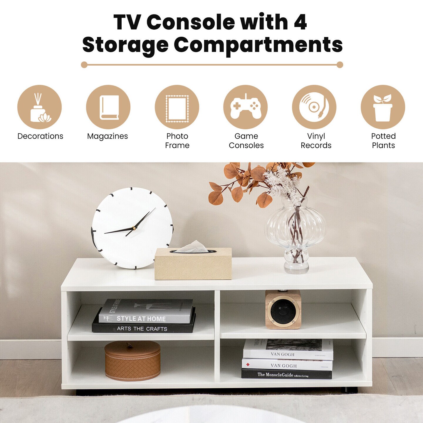 4-Cube TV Stand for TV up to 45 Inch with 5 Positions Adjustable Shelves-White