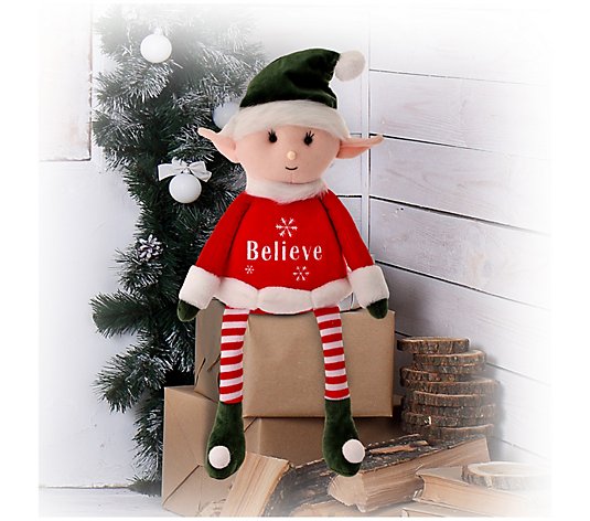 22-Inch Fabric Retro &#x27;Believe&#x27; Sitting Elf: Charming Holiday Decoration with Vintage Appeal