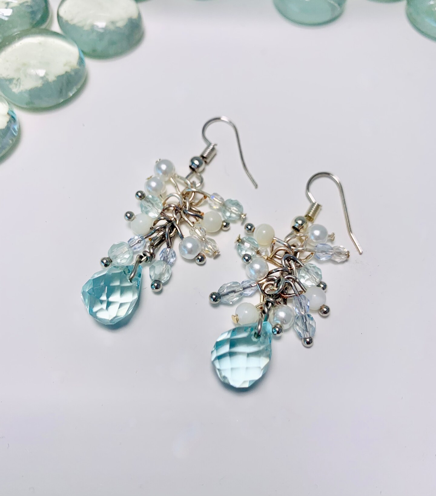 Good Green Agate Earrings, handmade, pearls, chandelier, clusters